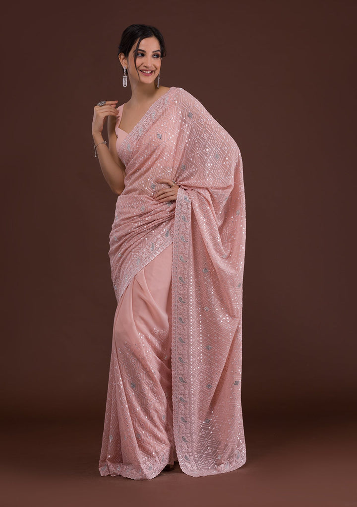 Peach Threadwork Georgette Designer Saree-Koskii