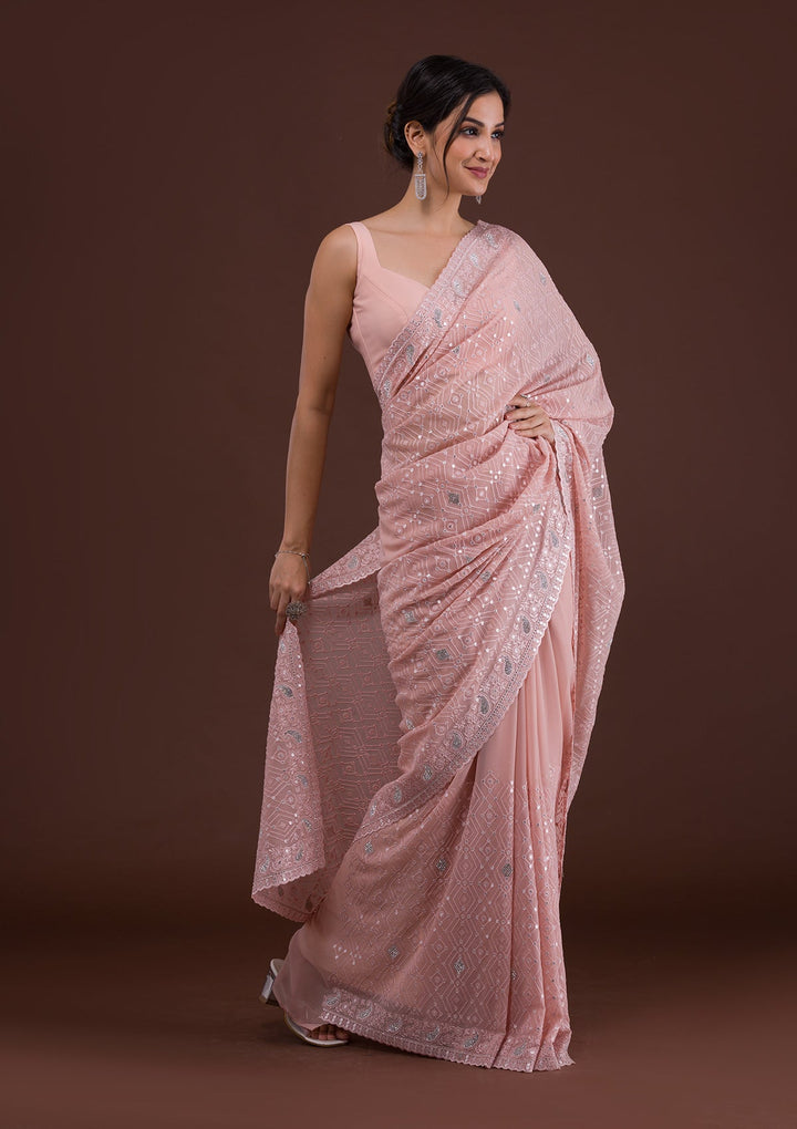 Peach Threadwork Georgette Designer Saree-Koskii