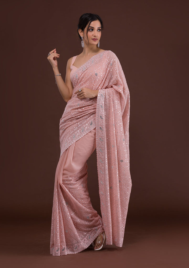 Peach Threadwork Georgette Designer Saree-Koskii
