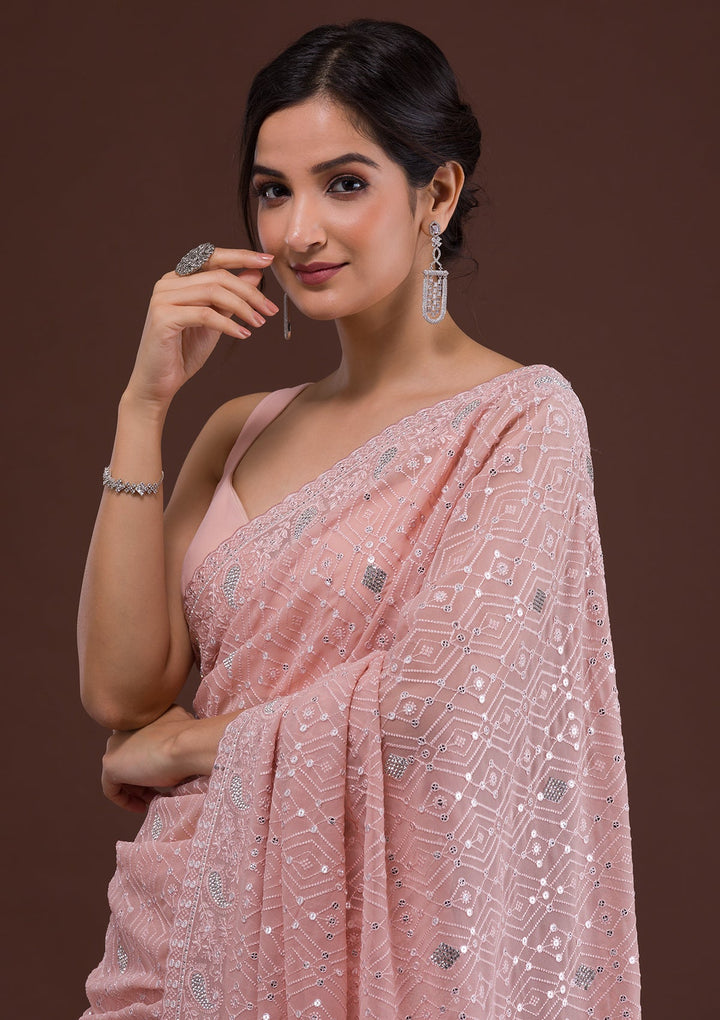 Peach Threadwork Georgette Designer Saree-Koskii
