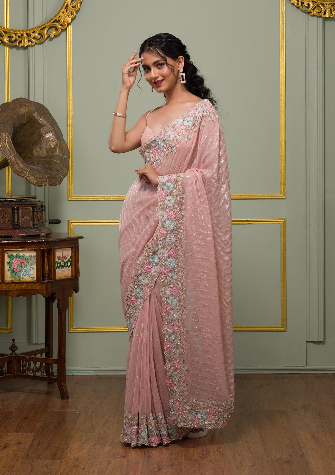 Peach Threadwork Georgette Saree-Koskii
