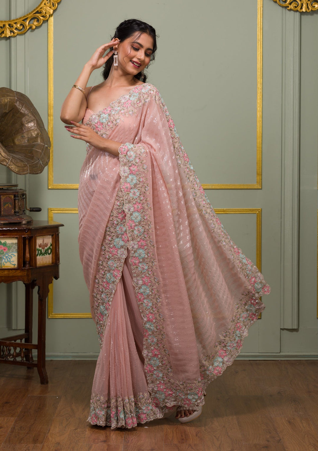 Peach Threadwork Georgette Saree-Koskii