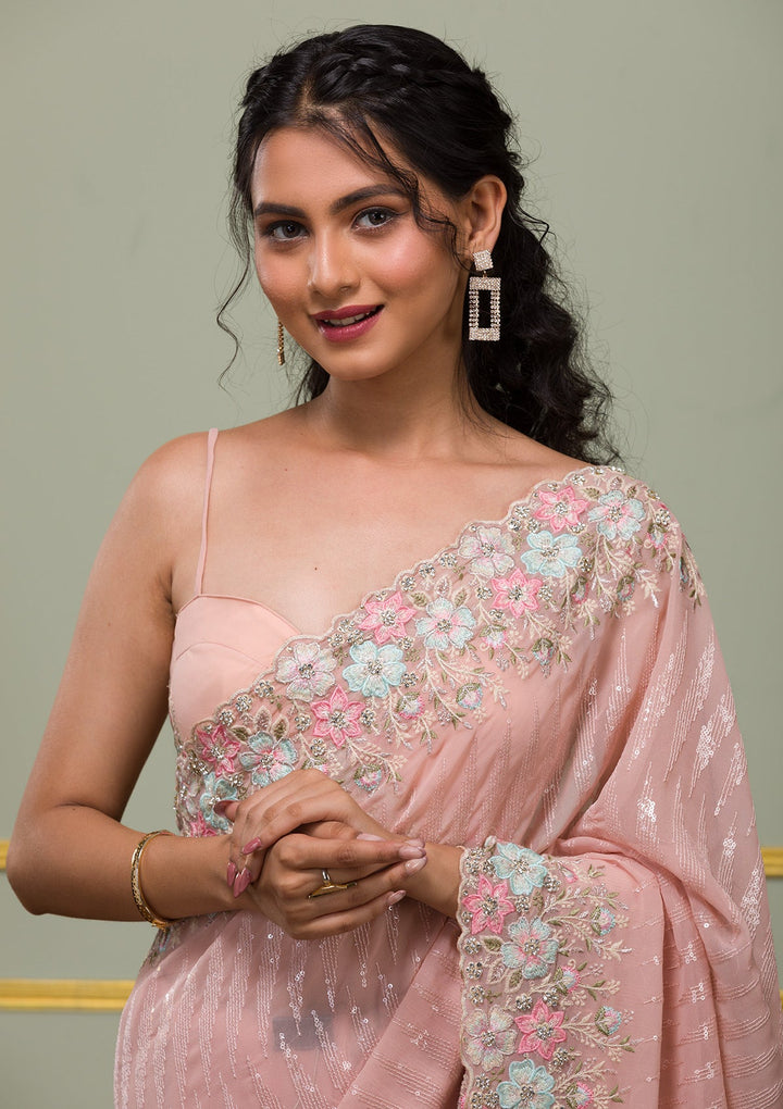 Peach Threadwork Georgette Saree-Koskii