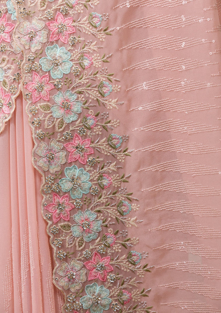 Peach Threadwork Georgette Saree-Koskii