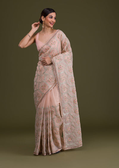 Peach Threadwork Georgette Saree-Koskii