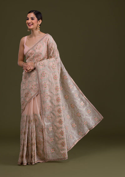 Peach Threadwork Georgette Saree-Koskii