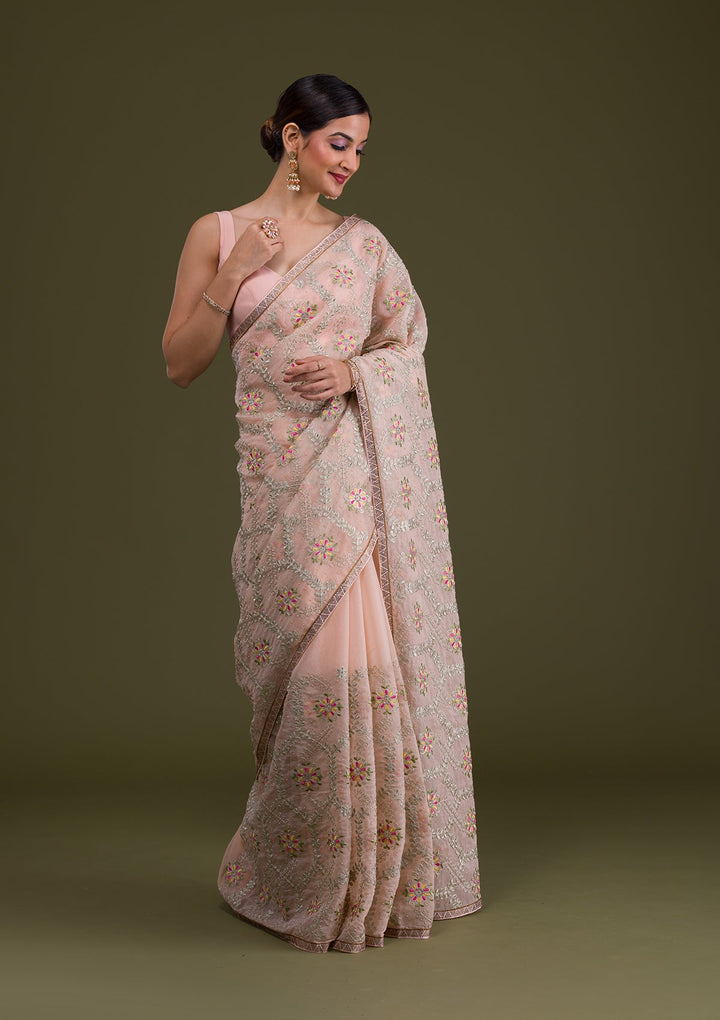 Peach Threadwork Georgette Saree-Koskii