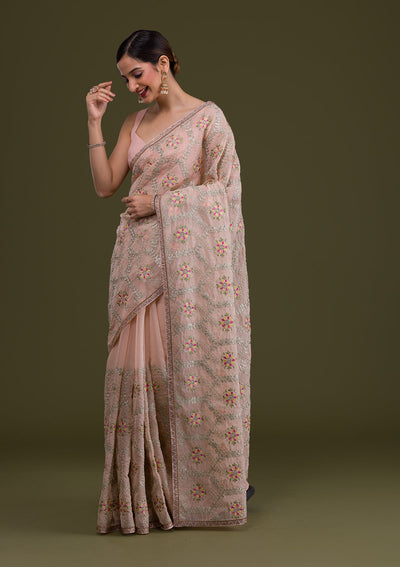 Peach Threadwork Georgette Saree-Koskii