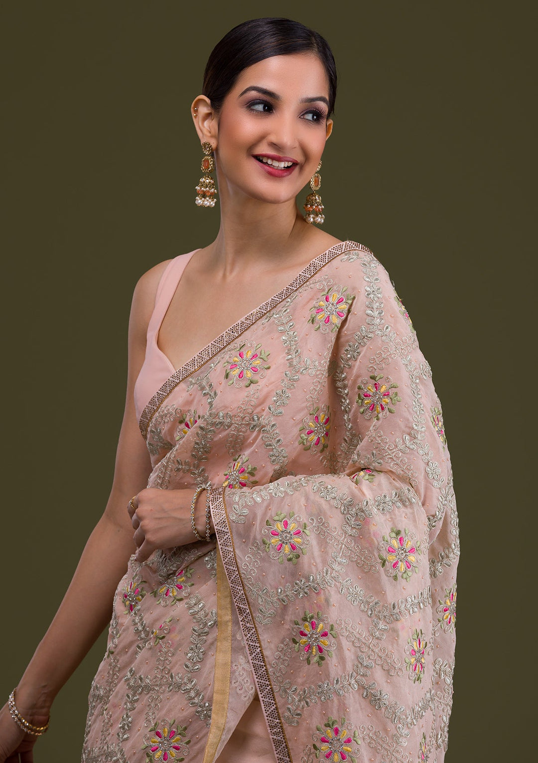 Peach Threadwork Georgette Saree-Koskii