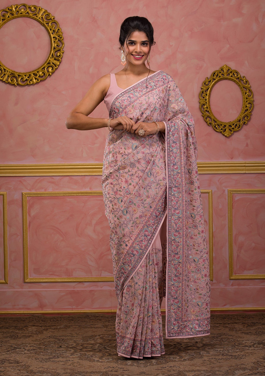 Peach Threadwork Georgette Saree-Koskii