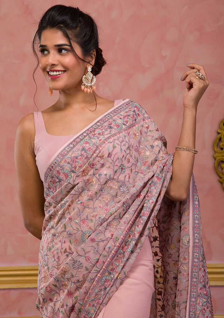 Peach Threadwork Georgette Saree-Koskii