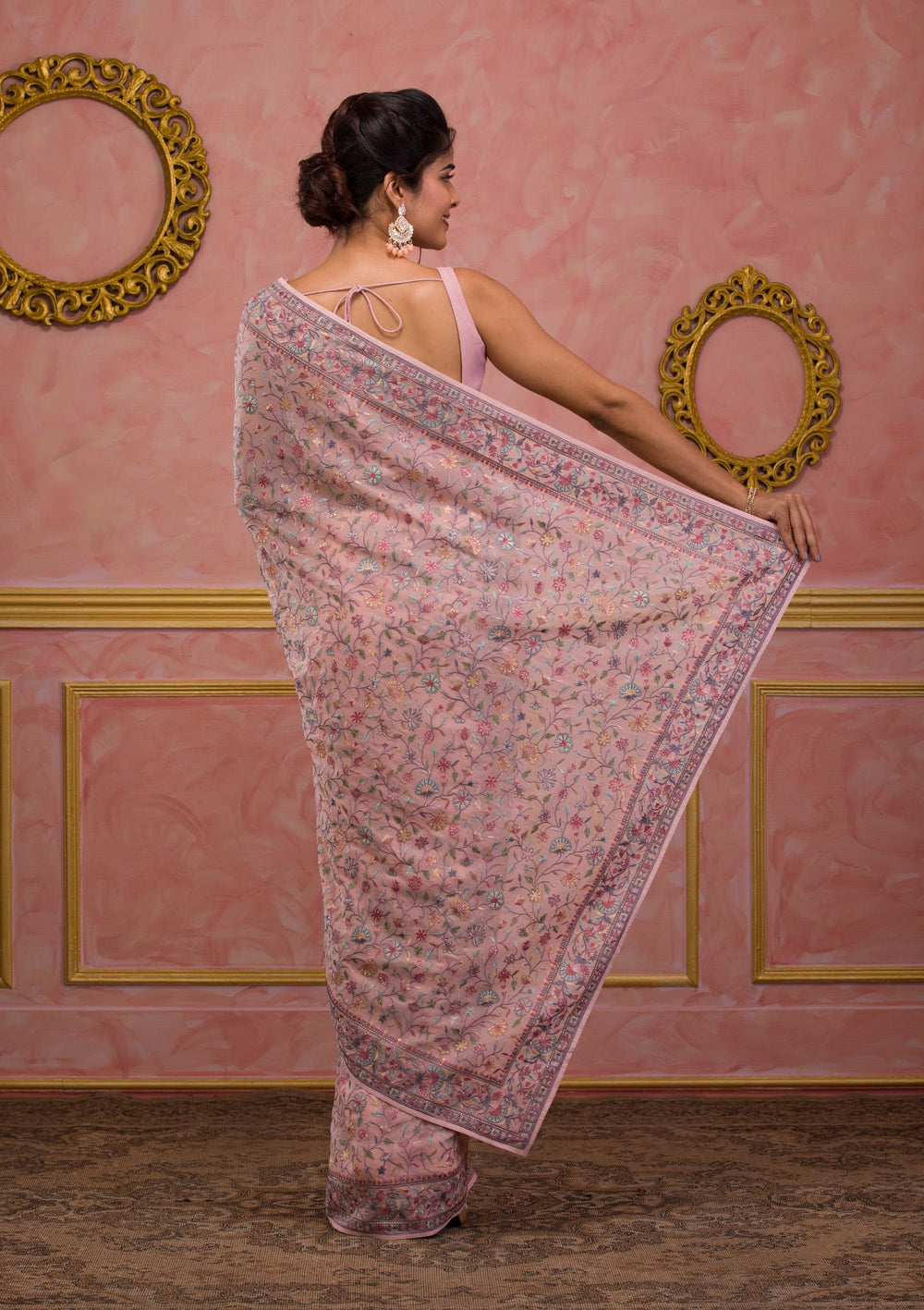 Peach Threadwork Georgette Saree-Koskii