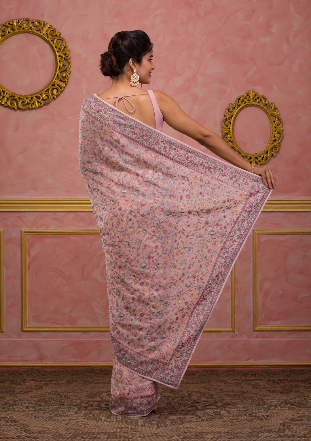 Peach Threadwork Georgette Saree-Koskii