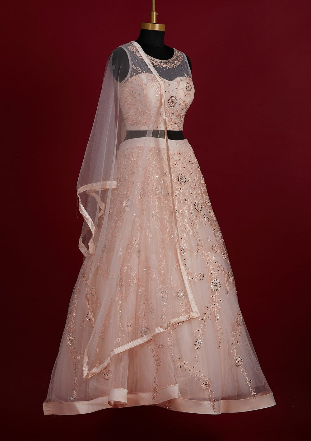 Peach Threadwork Net Designer Lehenga - Koskii
