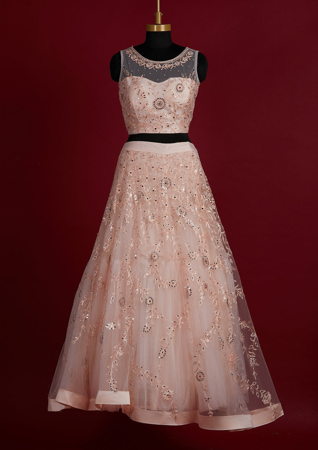 Peach Threadwork Net Designer Lehenga - Koskii