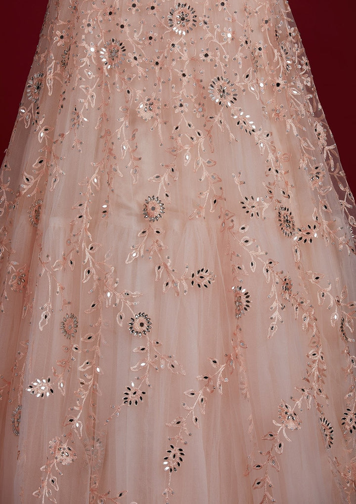 Peach Threadwork Net Designer Lehenga - Koskii