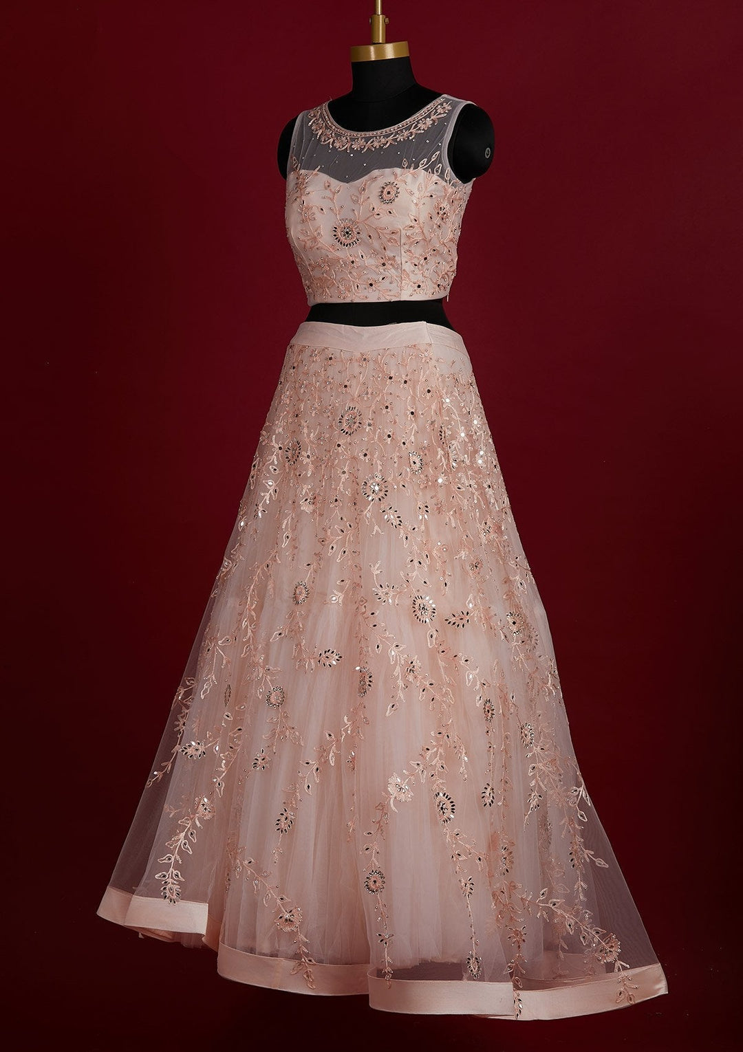 Peach Threadwork Net Designer Lehenga - Koskii