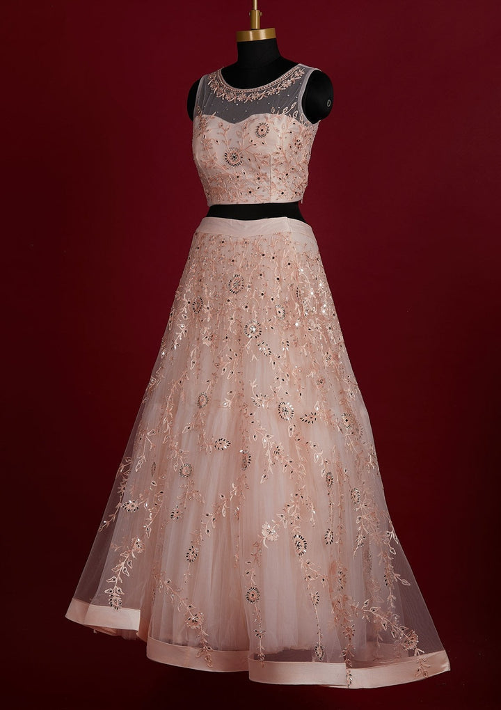 Peach Threadwork Net Designer Lehenga - Koskii