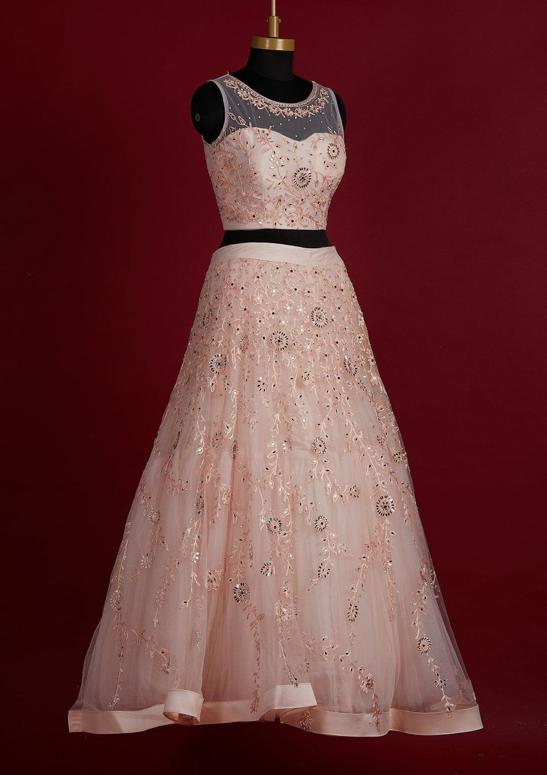 Peach Threadwork Net Designer Lehenga - Koskii