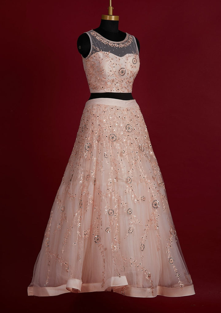 Peach Threadwork Net Designer Lehenga - Koskii