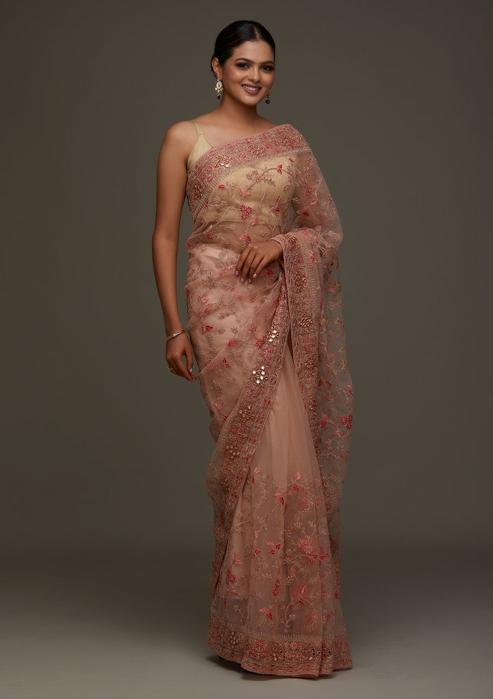 Peach Threadwork Net Designer Saree- Koskii