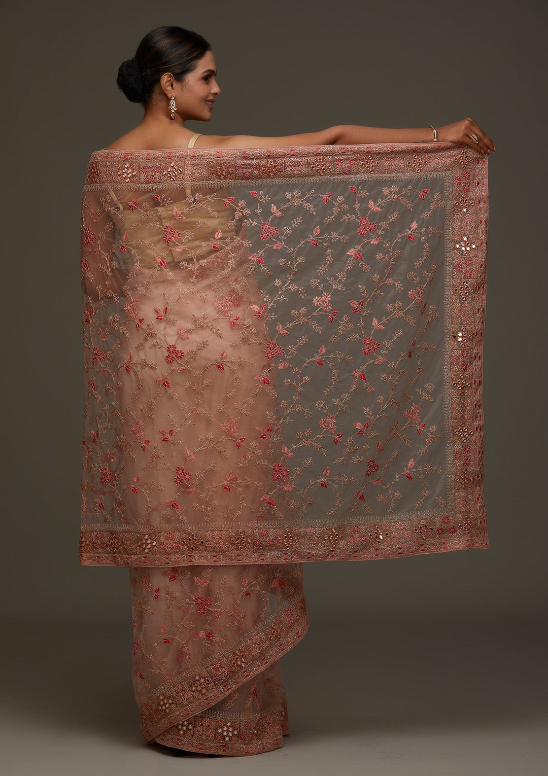 Peach Threadwork Net Designer Saree - Koskii