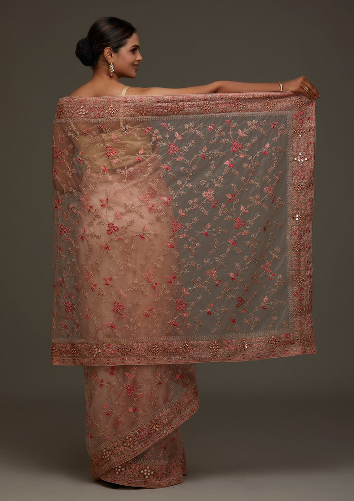 Peach Threadwork Net Designer Saree - Koskii