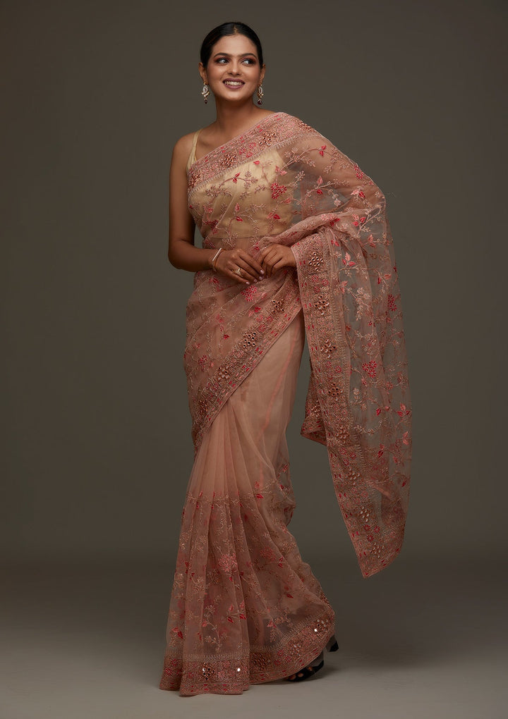 Peach Threadwork Net Designer Saree - Koskii