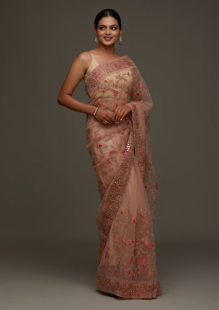 Peach Threadwork Net Designer Saree - Koskii
