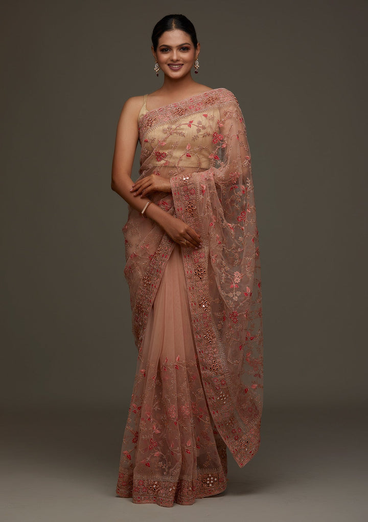 Peach Threadwork Net Designer Saree - Koskii