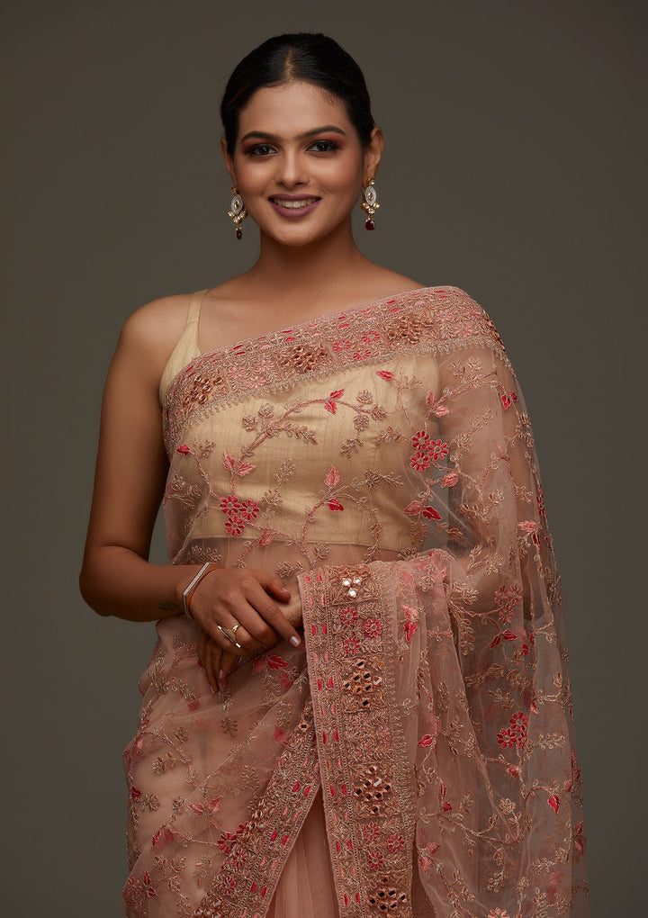 Peach Threadwork Net Designer Saree - Koskii