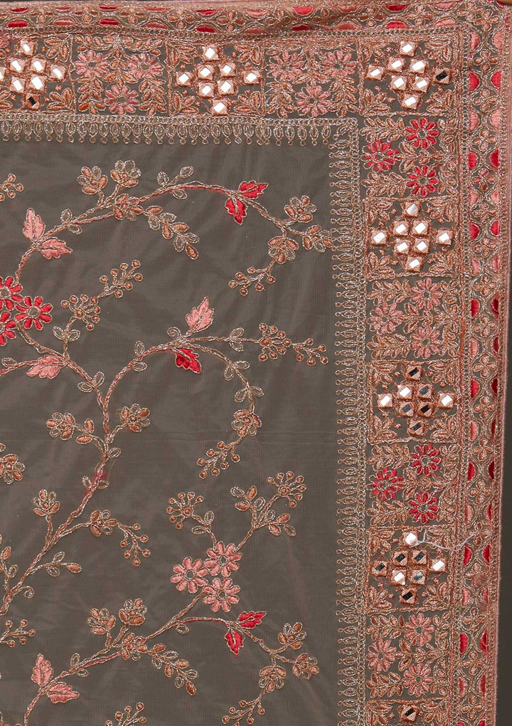 Peach Threadwork Net Designer Saree - Koskii