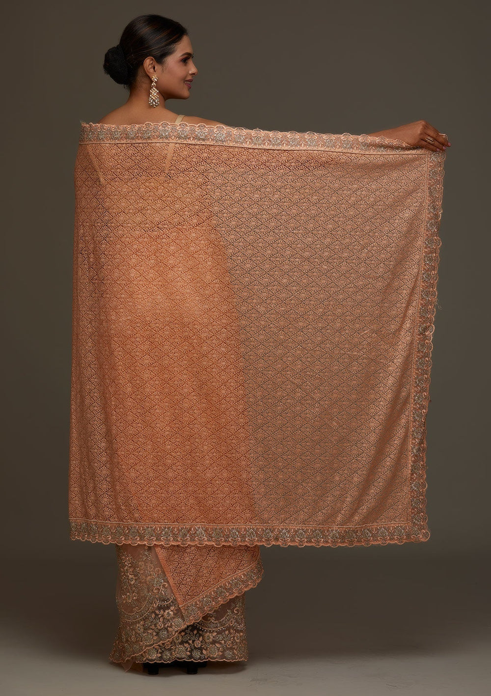 Peach Threadwork Net Designer Saree - Koskii