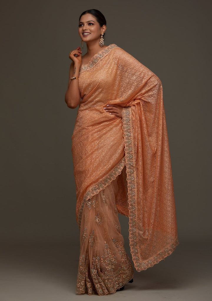 Peach Threadwork Net Designer Saree - Koskii