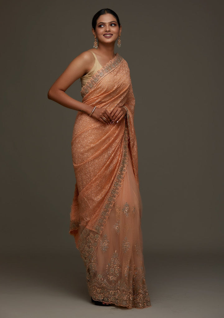 Peach Threadwork Net Designer Saree - Koskii