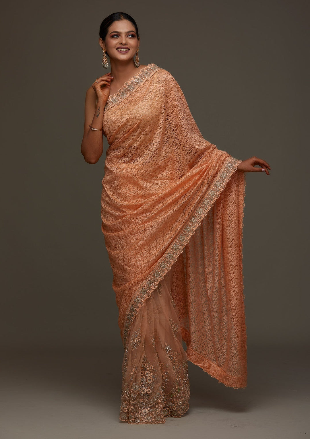 Peach Threadwork Net Designer Saree - Koskii