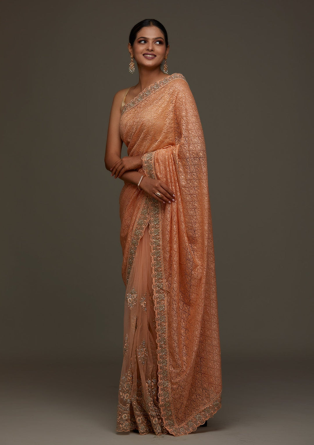 Peach Threadwork Net Designer Saree - Koskii