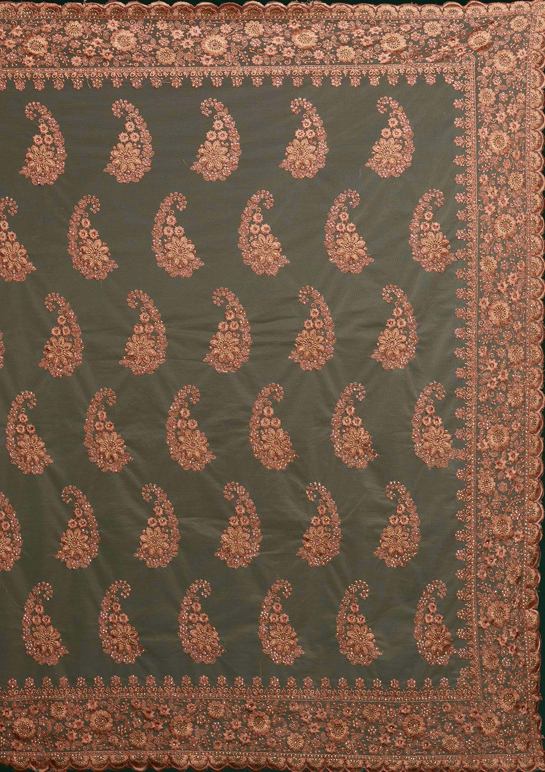 Peach Threadwork Net Saree - Koskii