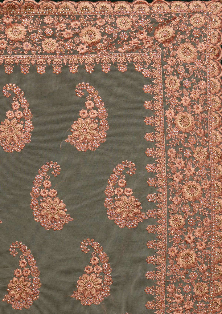 Peach Threadwork Net Saree - Koskii