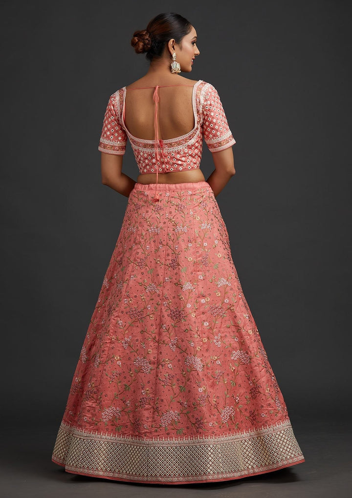 Peach Threadwork Raw Silk Designer Semi-Stitched Lehenga - koskii