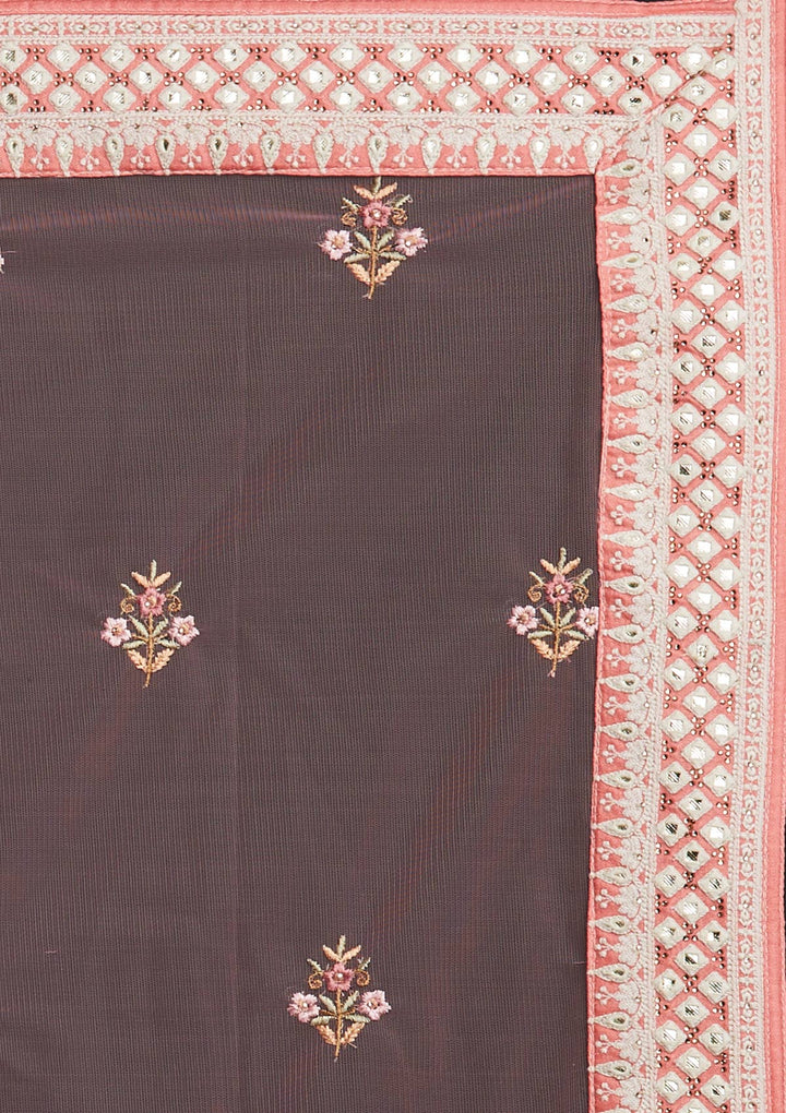 Peach Threadwork Raw Silk Designer Semi-Stitched Lehenga - koskii