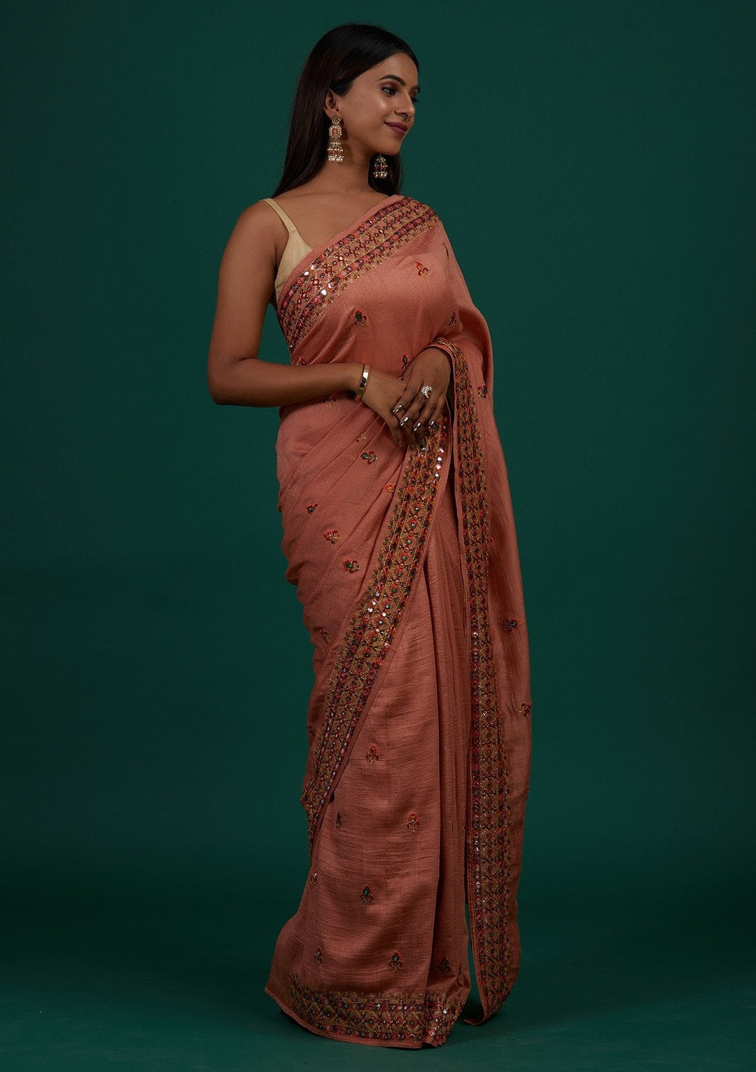 Peach Threadwork Raw Silk Designer Saree - Koskii