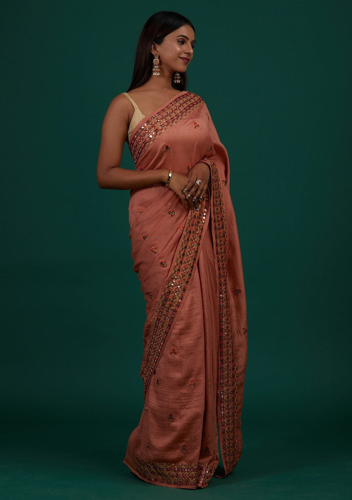 Peach Threadwork Raw Silk Designer Saree - Koskii