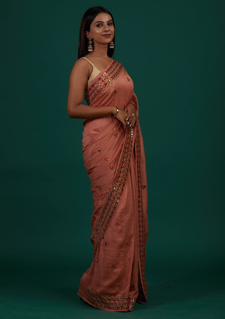 Peach Threadwork Raw Silk Designer Saree - Koskii