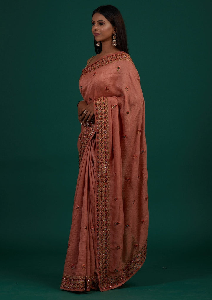 Peach Threadwork Raw Silk Designer Saree - Koskii