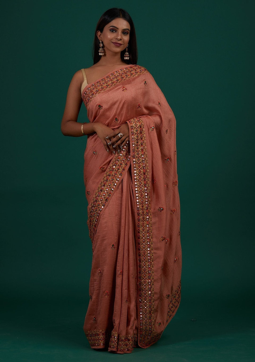 Peach Threadwork Raw Silk Designer Saree - Koskii