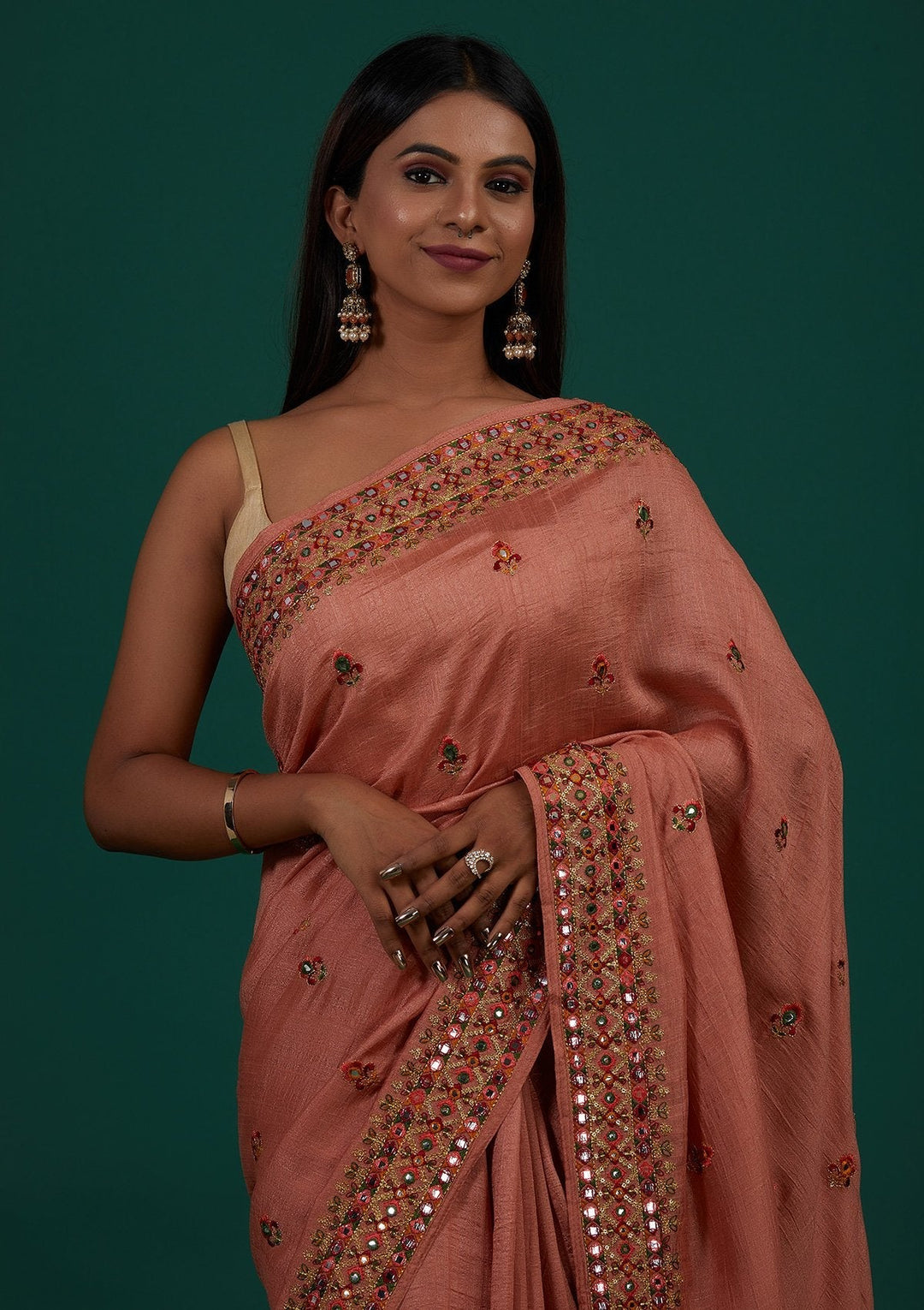 Peach Threadwork Raw Silk Designer Saree - Koskii