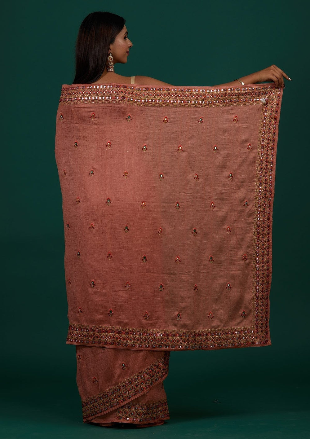 Peach Threadwork Raw Silk Designer Saree - Koskii