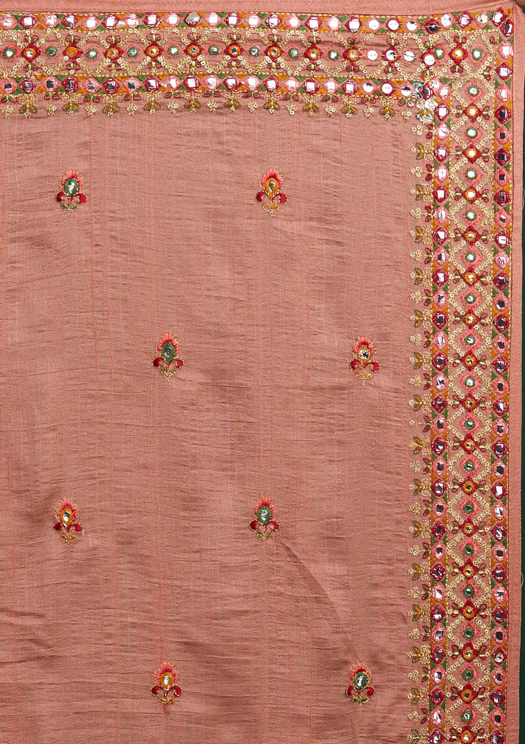 Peach Threadwork Raw Silk Designer Saree - Koskii