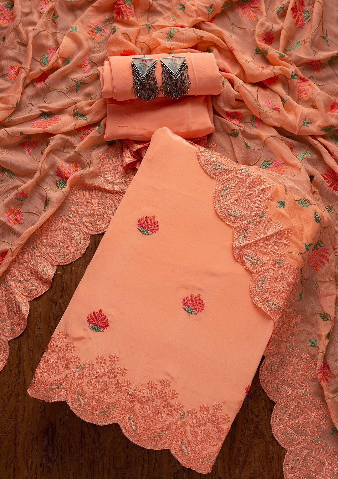Peach Threadwork Semi Crepe Designer Unstitched Salwar Suit - koskii